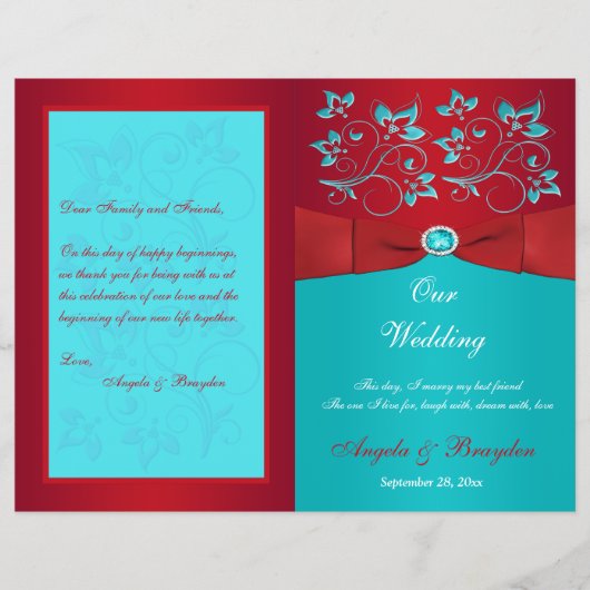 Programma voor rode, Turquoise Floral Wedding Flyer (Voorkant)