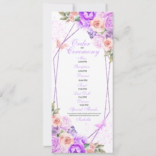 Programma voor roze en Paarse Floral Quinceanera (Achterkant)