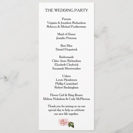 Programma voor roze rozen en Ferns Wedding Programmakaart (Achterkant)