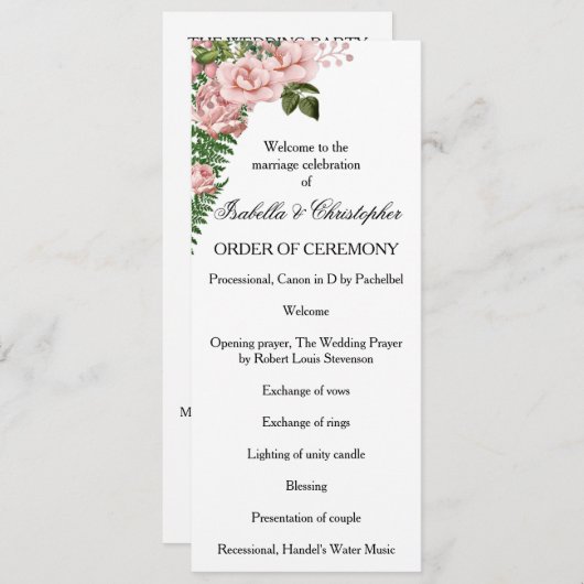 Programma voor roze rozen en Ferns Wedding Programmakaart (Voorkant / Achterkant)
