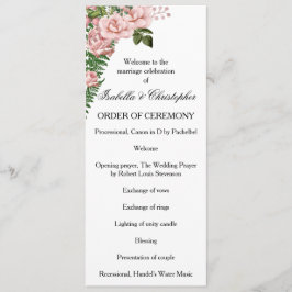 Programma voor roze rozen en Ferns Wedding Programmakaart