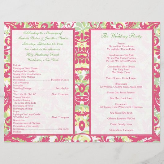 Programma voor roze, witte, groene, gele bruiloft (Achterkant)