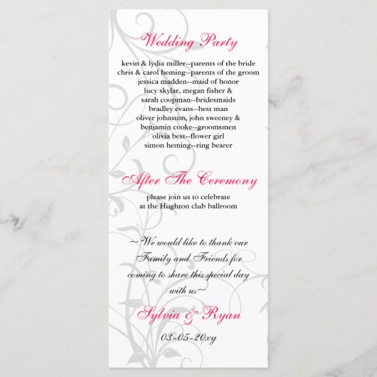 Programma voor roze, zwarte en witte bruiloft programmakaart (Achterkant)