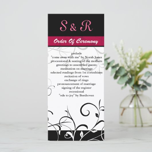 Programma voor roze, zwarte en witte bruiloft programmakaart (Staand voorkant)