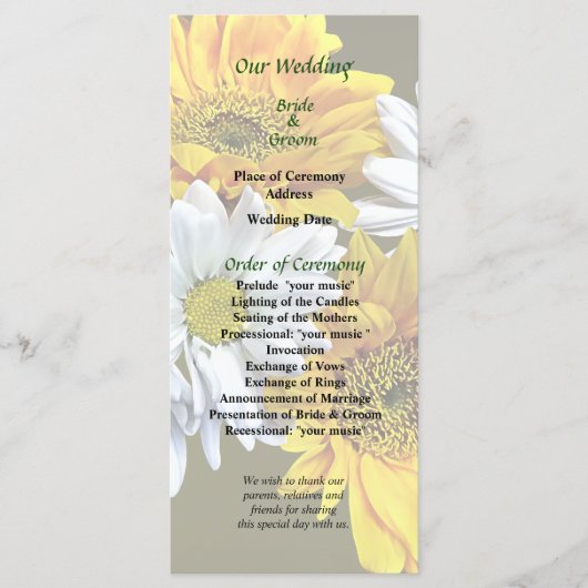 Programma voor zonnebloemen en Daisies Wedding Programmakaart (Voorkant)