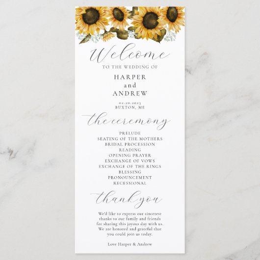 Programma voor zonnebloemen Weddenschappen Programmakaart (Voorkant)