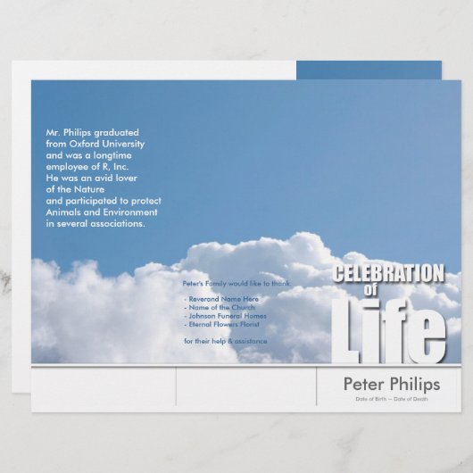 Programmabrochures van de Tri-Fold Cloud Memorial  (Voorkant / Achterkant)
