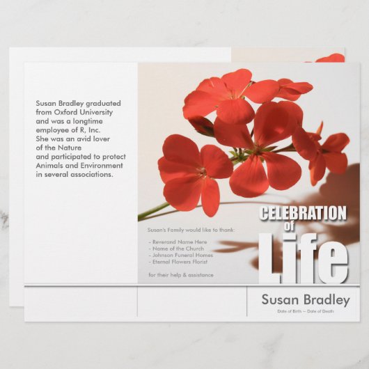 Programmabrochures van de Tri-Fold Geranium Memori (Voorkant / Achterkant)