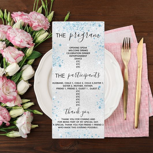 Programmapartij zilverblauw glitterstof reclamekaart