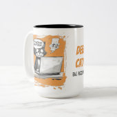 Programmer Cat Humour Debugging is Catastrophic Tweekleurige Koffiemok (Voorkant links)