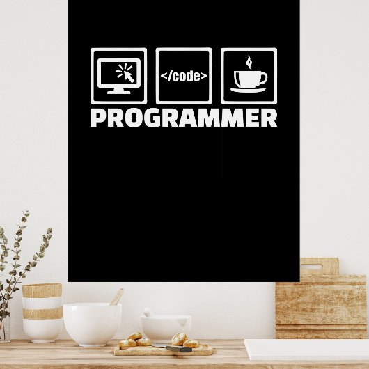 Programmer schrijft code en Drink koffie Poster (Keuken)