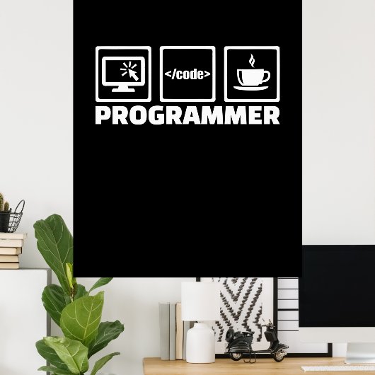 Programmer schrijft code en Drink koffie Poster (Thuiskantoor)
