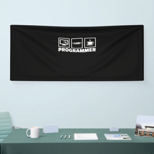 Programmer schrijft code en Drink koffie Spandoek (Beurs)