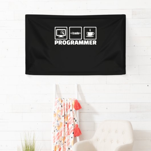 Programmer schrijft code en Drink koffie Spandoek (Insitu)