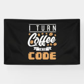 Programmer zet koffie in code spandoek (Horizontaal)