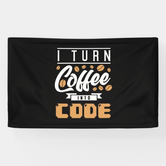 Programmer zet koffie in code spandoek (Horizontaal)
