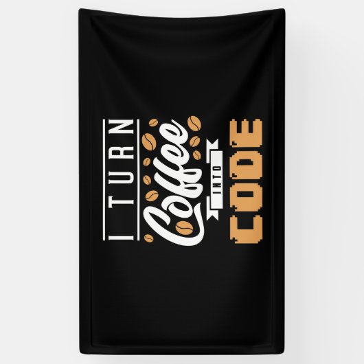 Programmer zet koffie in code spandoek (Verticaal)