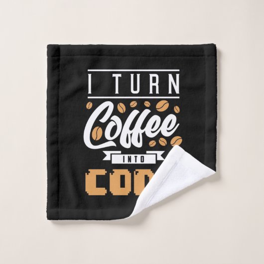 Programmer zet koffie in code washandje (Wasdoekje)