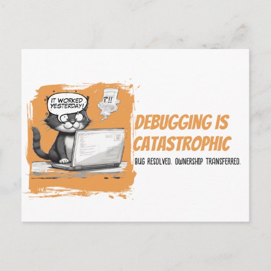 Programmeur Kat Humor Debuggen is Catastrofaal Briefkaart (Voorkant)