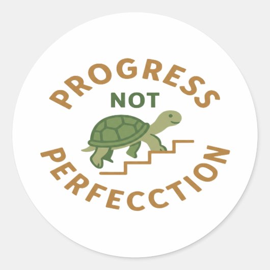 Progress not Perfection - Cute Turtle Motivational Ronde Sticker (Voorkant)