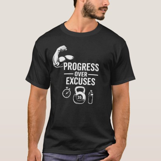 Progress Over Excuses – Motivational T-Shirt (Voorkant)