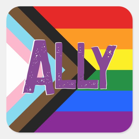 Progress Pride Flag Ally Grunge Font Vierkante Sticker (Voorkant)