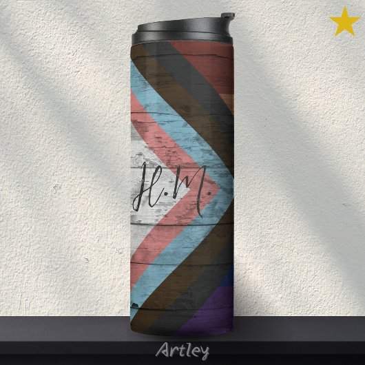 Progress Pride Flag LGBT Hout Graan Custom Naam Thermosbeker