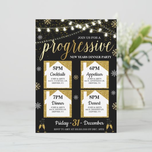 Progressieve Nieuwjaar Dinner Party Uitnodiging (Staand voorkant)