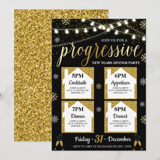 Progressieve Nieuwjaar Dinner Party Uitnodiging (Voorkant / Achterkant)