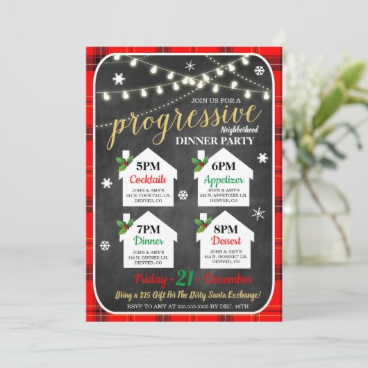 Progressieve Vakantie Diner Party Uitnodiging (Staand voorkant)
