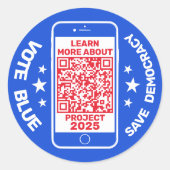 Project 2025 'Stem blauw - red democratie!' QR-cod Ronde Sticker (Voorkant)