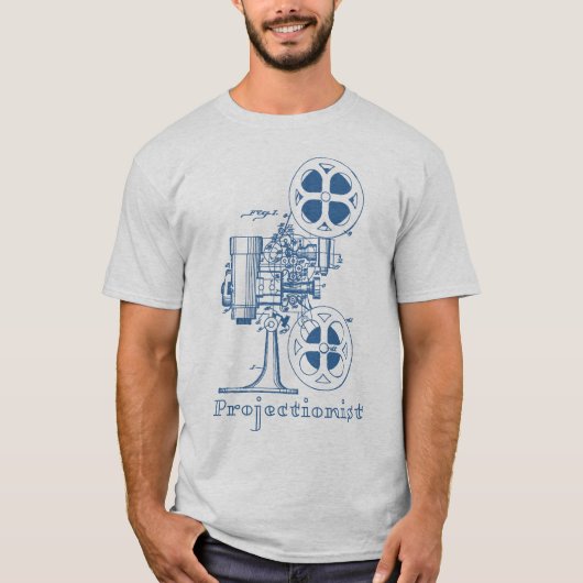 Projectionist T-Shirt (blauw ontwerp) (Voorkant)