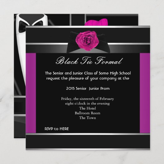 Prom High School Dance Formele Roze Black Stropdas Kaart (Voorkant / Achterkant)