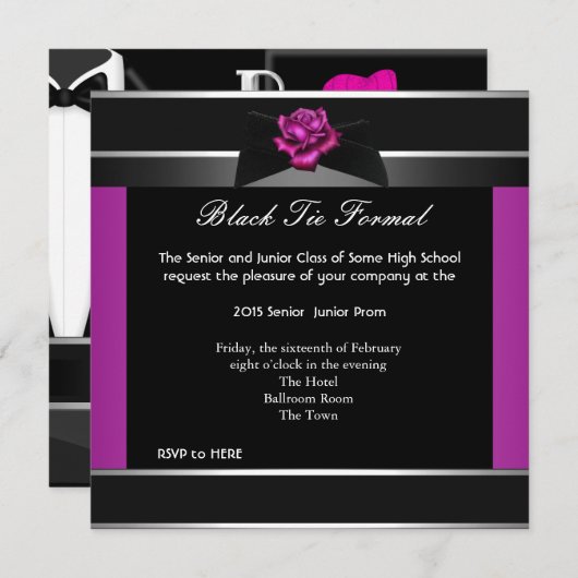 Prom High School Dance Formele Roze Black Stropdas Kaart (Voorkant / Achterkant)