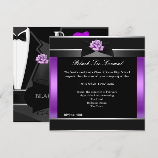 Prom High School Dans Formeel Paarse Zwarte Stropd Kaart (Voorkant / Achterkant)
