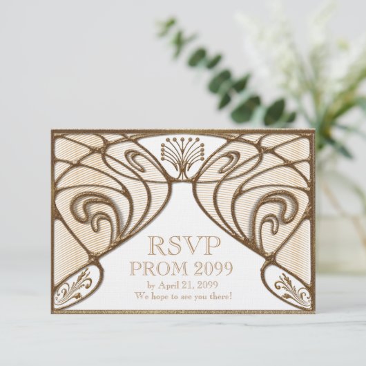 PROM RSVP, Great Gatsby, goud op wit RSVP Kaartje (Staand voorkant)
