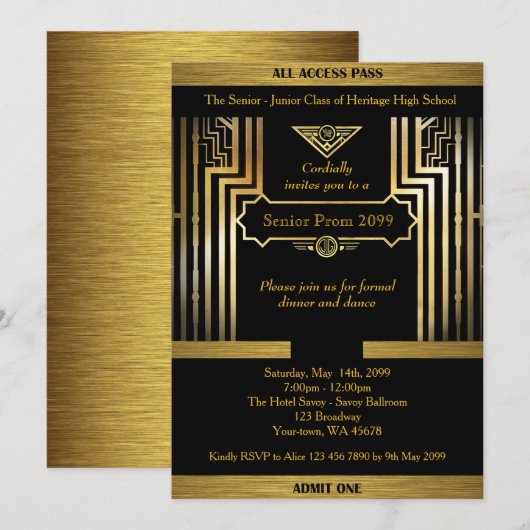 Prom senior, Gatsby-stijl, zwart & goud, back gold Kaart (Voorkant / Achterkant)