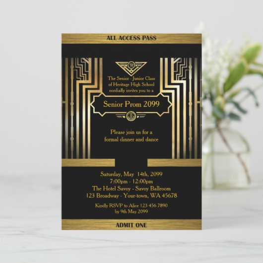 Prom senior, Gatsby-stijl, zwart & goud, monogram Kaart (Staand voorkant)