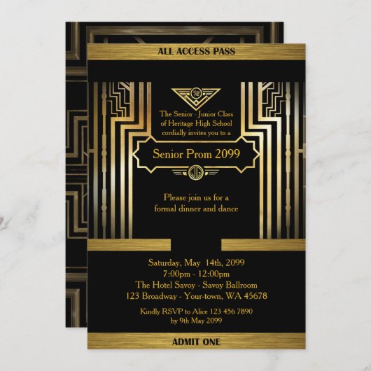 Prom senior, Gatsby-stijl, zwart & goud, monogram Kaart (Voorkant / Achterkant)