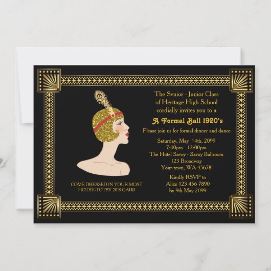 Prom senior, Gatsby-stijl, zwart & goud, monogram Kaart (Voorkant)