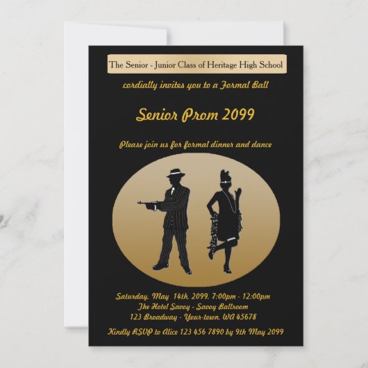 Prom senior, Gatsby-stijl, zwart & goud, tekst ter Kaart (Voorkant)