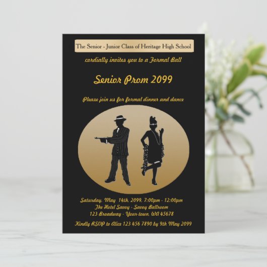 Prom senior, Gatsby-stijl, zwart & goud, tekst ter Kaart (Staand voorkant)