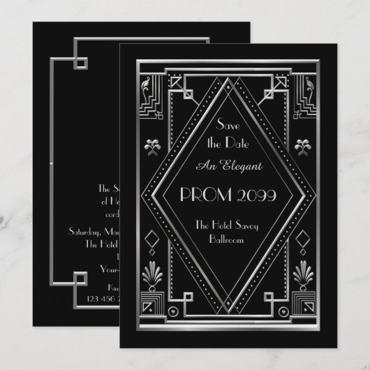 Prom Senior-Junior, Black, Silver, Art Deco Kaart (Voorkant / Achterkant)