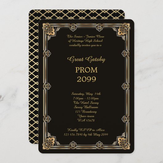 Prom Senior-Junior, Great Gatsby, Gold, Black Kaart (Voorkant / Achterkant)