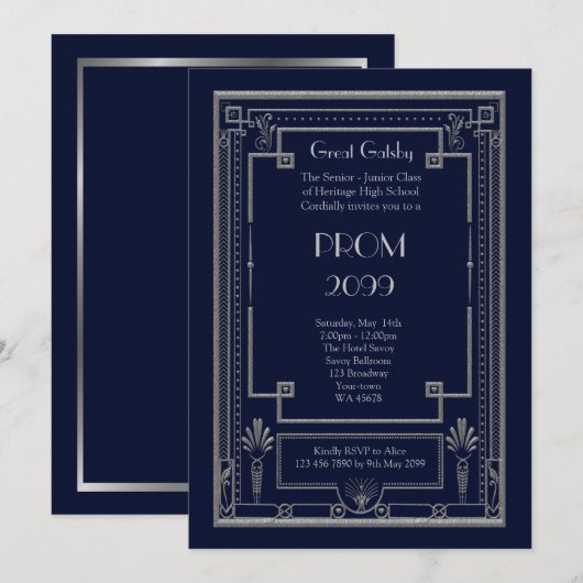 Prom Senior-Junior, Great Gatsby, Silver, Navy Kaart (Voorkant / Achterkant)