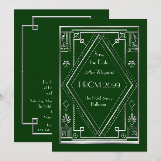 Prom Senior-Junior, Green, Silver, Art Deco Kaart (Voorkant / Achterkant)