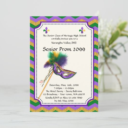 Prom senior junior, uitnodiging masquerade, chevro (Staand voorkant)