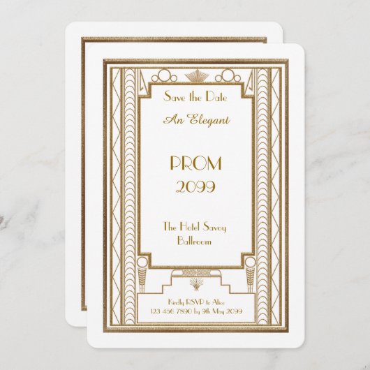 Prom Senior-Junior, wit, Gold Geometric, Art Deco Kaart (Voorkant / Achterkant)