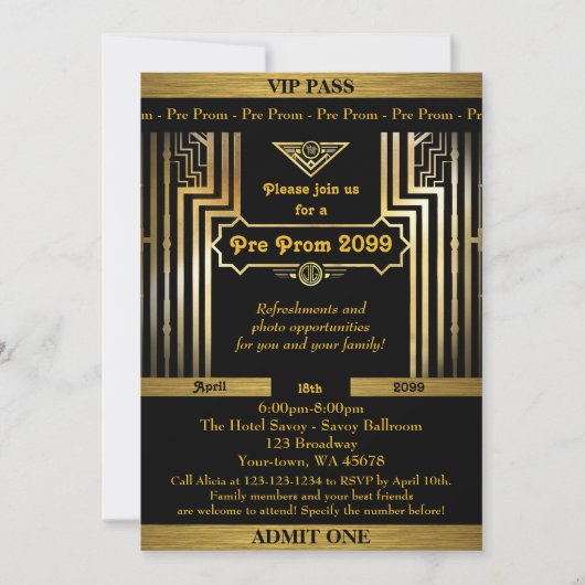 Prom-uitnodiging, Gatsby-stijl, ticket, zwart goud Kaart (Voorkant)