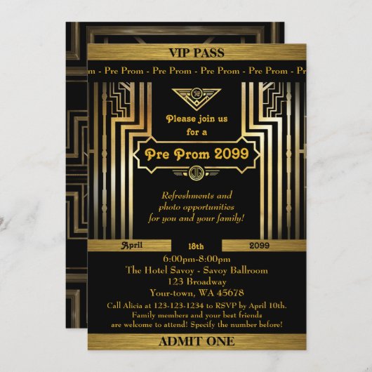 Prom-uitnodiging, Gatsby-stijl, ticket, zwart goud Kaart (Voorkant / Achterkant)